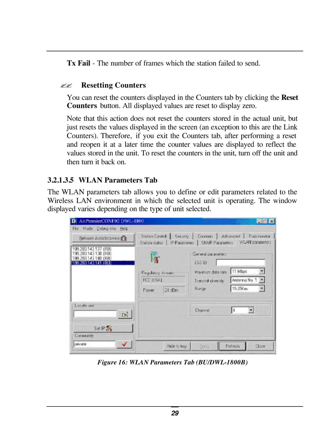 D-Link DWL-1800 user manual ?? Resetting Counters, Wlan Parameters Tab 