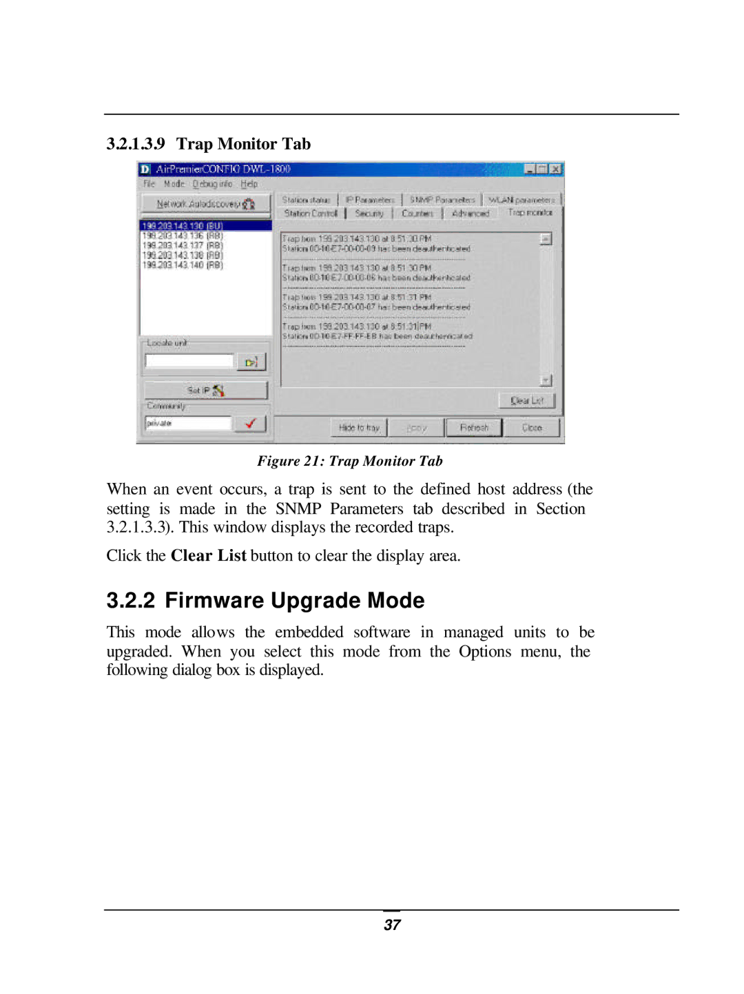 D-Link DWL-1800 user manual Firmware Upgrade Mode, Trap Monitor Tab 