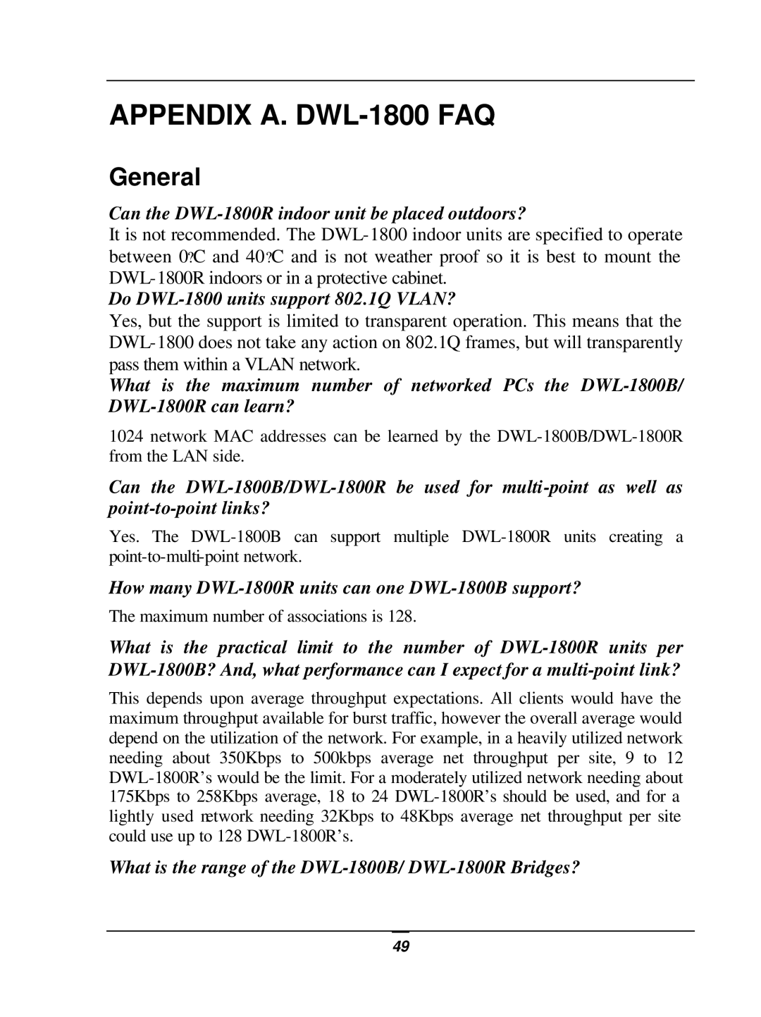 D-Link user manual Appendix A. DWL-1800 FAQ, General 