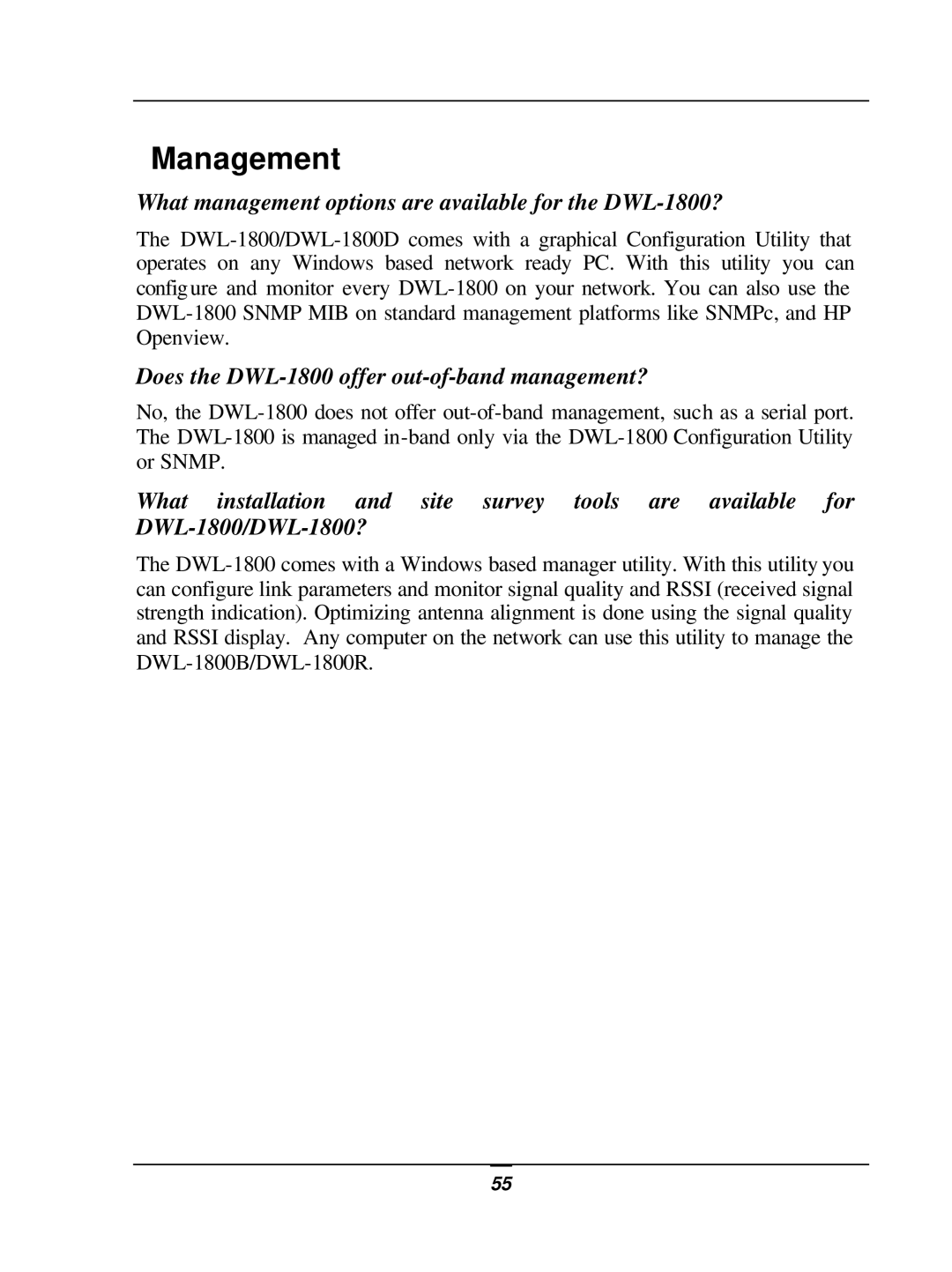 D-Link user manual Management, What management options are available for the DWL-1800? 