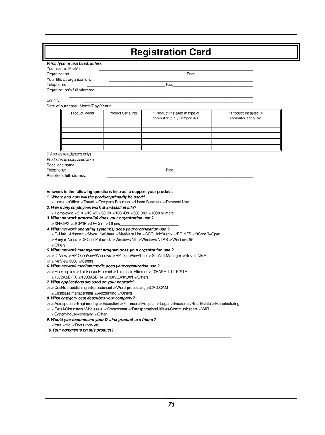 D-Link DWL-1800 user manual Registration Card, Print, type or use block letters 