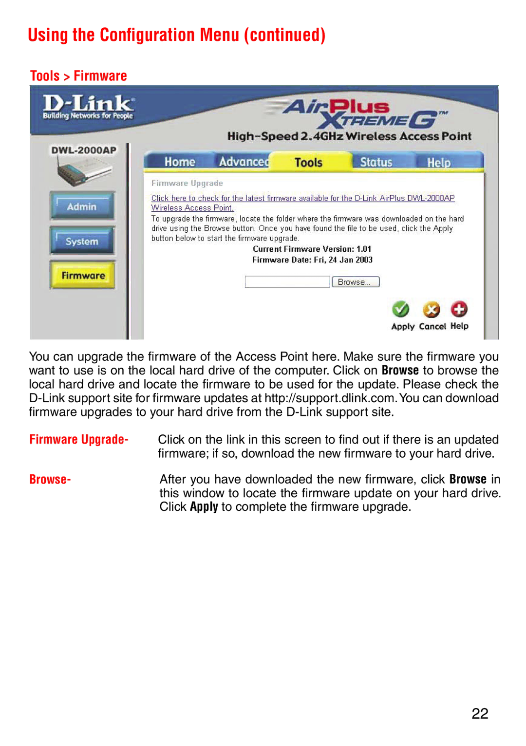 D-Link DWL-2000AP manual Tools Firmware, Firmware Upgrade 