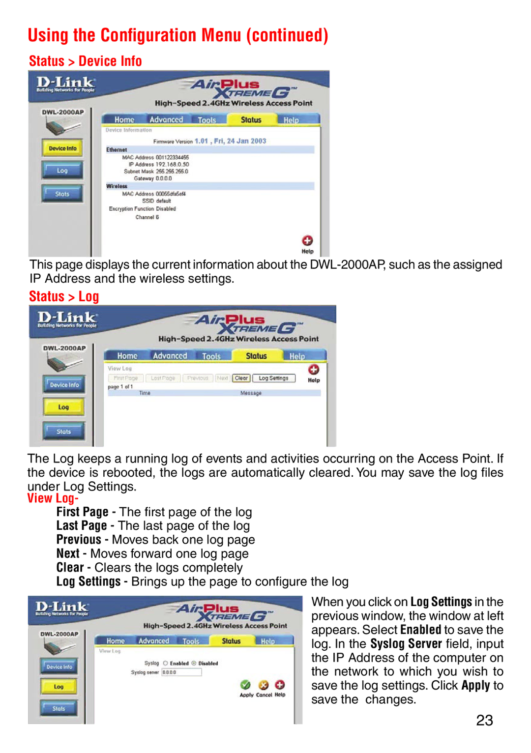D-Link DWL-2000AP manual Status Device Info, Status Log 