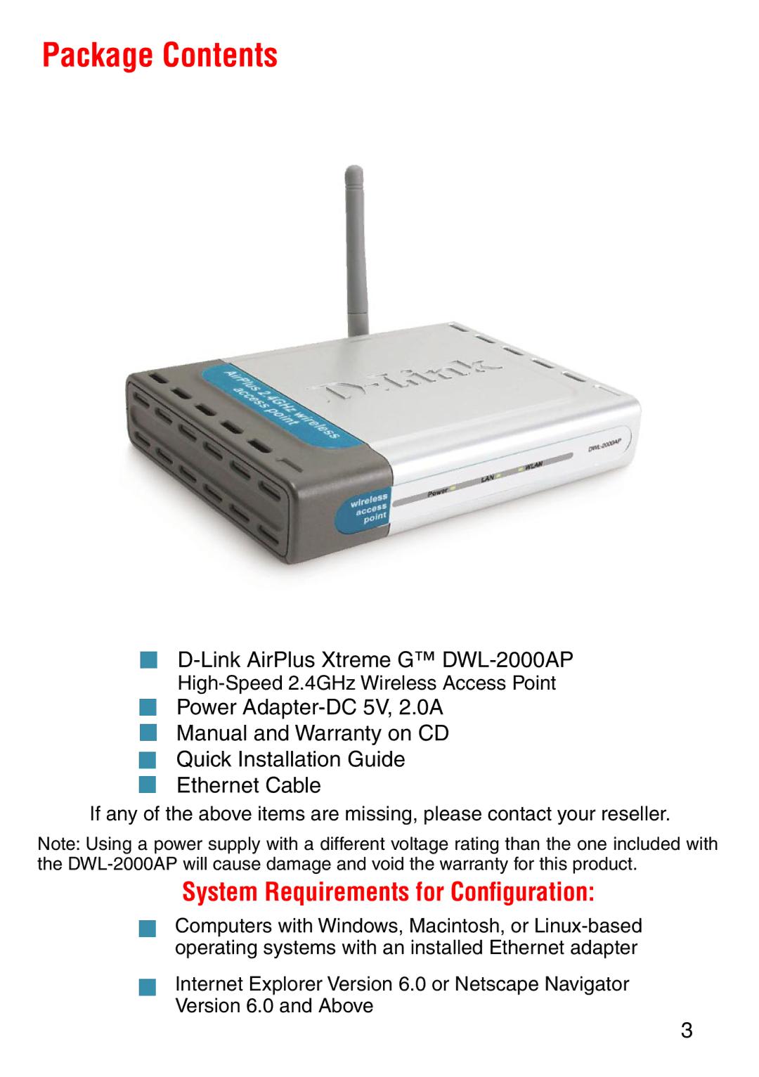 D-Link DWL-2000AP manual Package Contents 