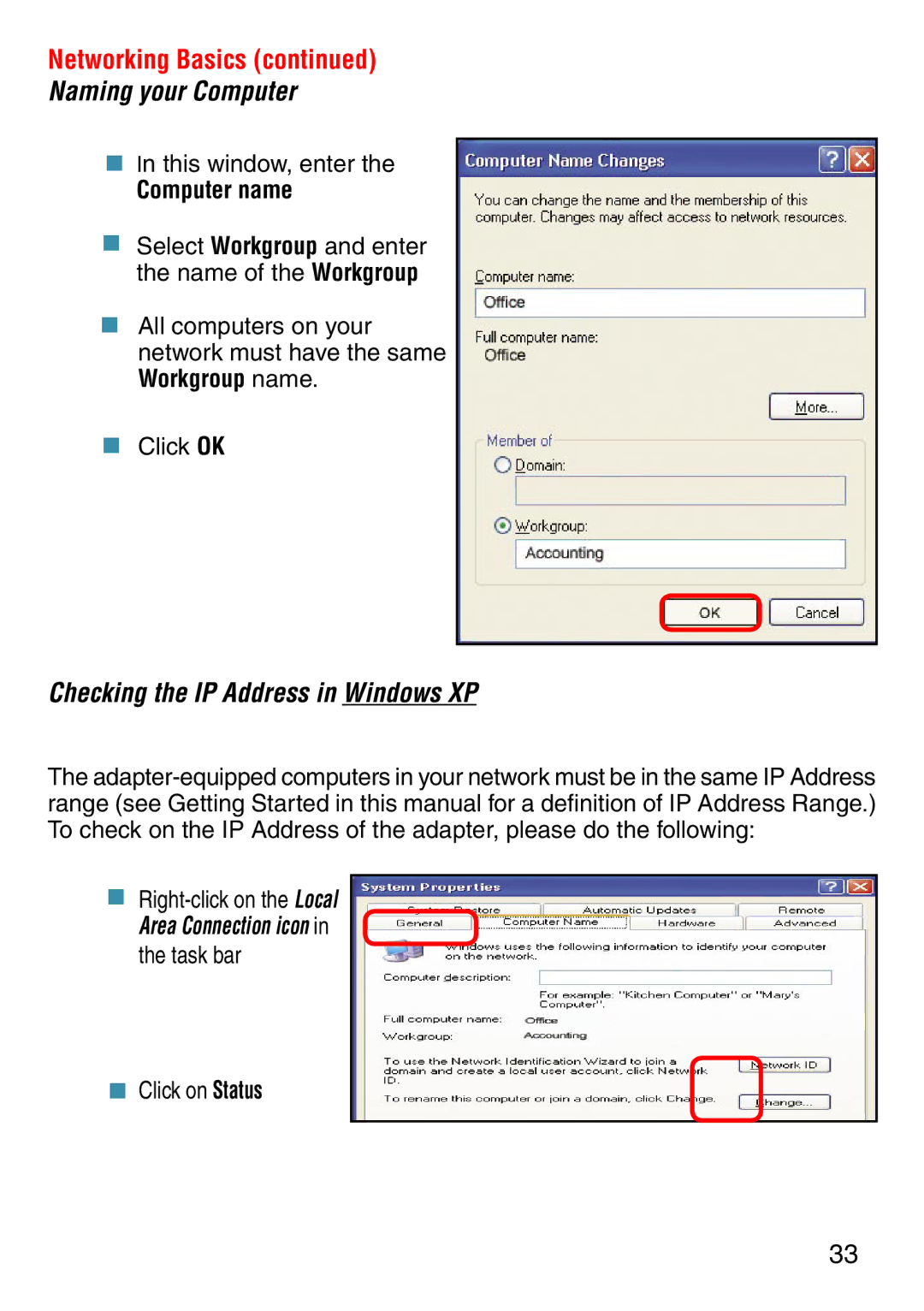 D-Link DWL-2000AP manual Checking the IP Address in Windows XP, Computer name 