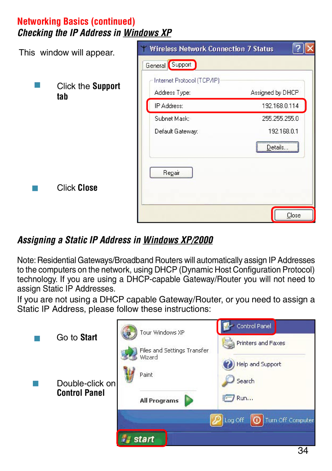 D-Link DWL-2000AP manual Assigning a Static IP Address in Windows XP/2000, Control Panel 