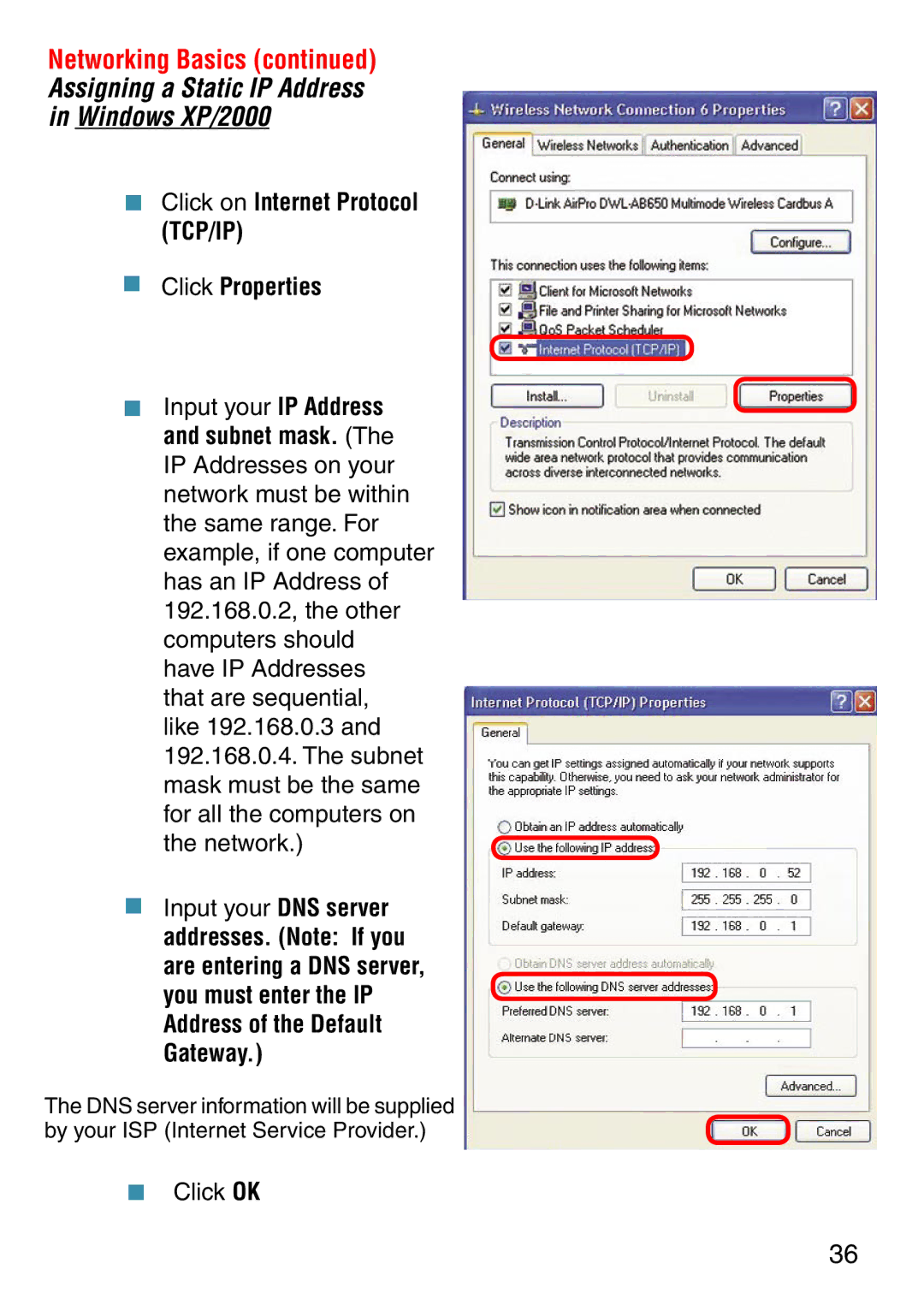 D-Link DWL-2000AP manual Assigning a Static IP Address Windows XP/2000,  Click Properties 