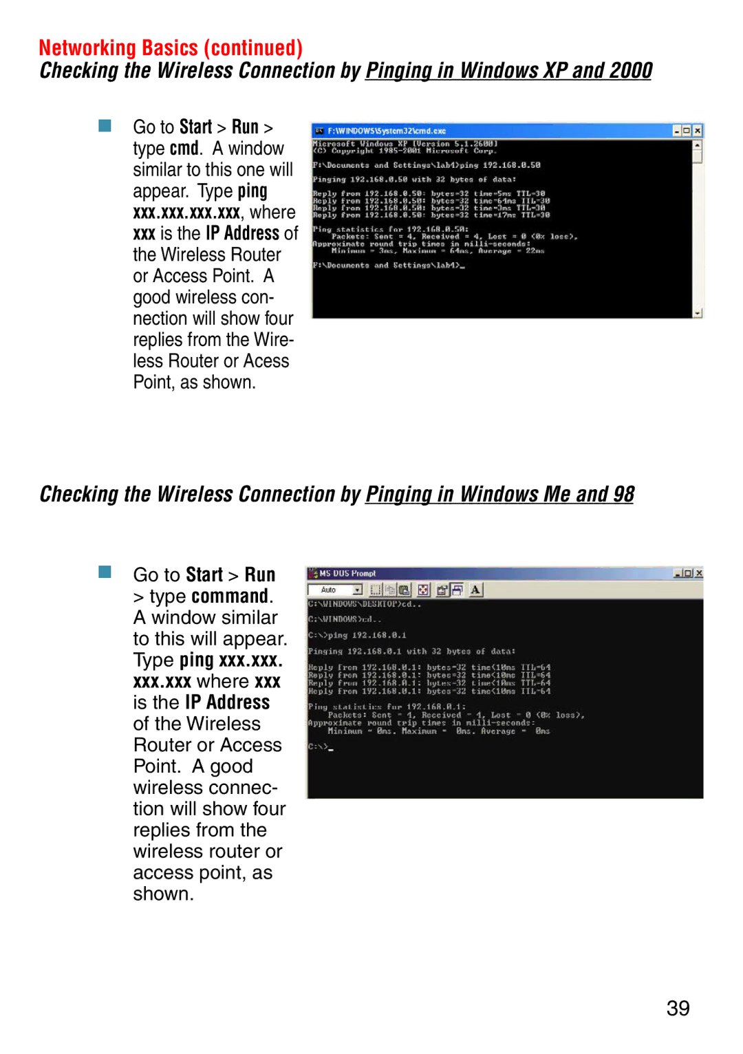 D-Link DWL-2000AP manual Checking the Wireless Connection by Pinging in Windows Me 