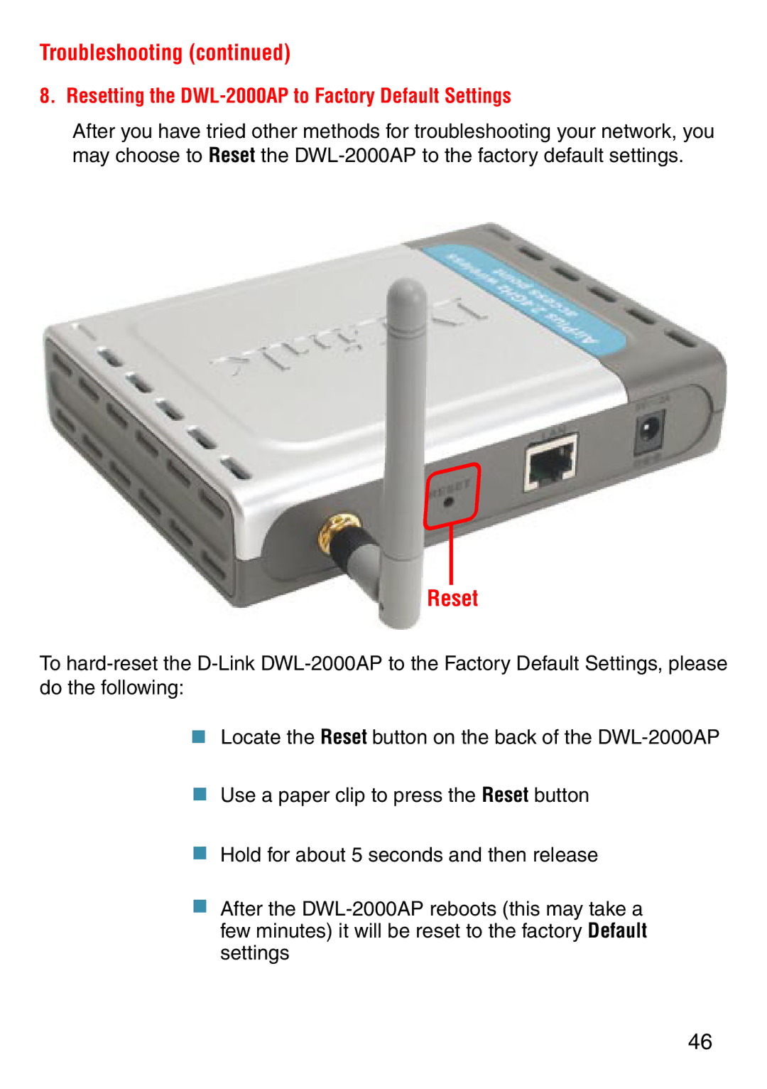 D-Link manual Resetting the DWL-2000AP to Factory Default Settings 