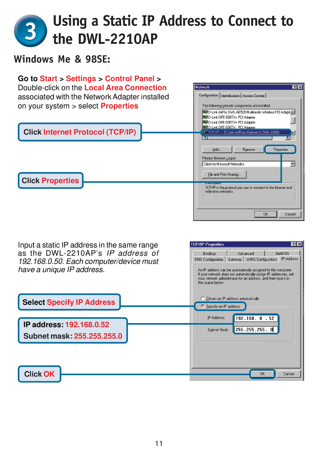 D-Link DWL-2210AP specifications Windows Me & 98SE 