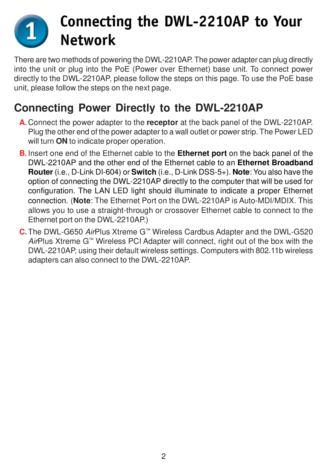 D-Link specifications Connecting the DWL-2210AP to Your Network, Connecting Power Directly to the DWL-2210AP 