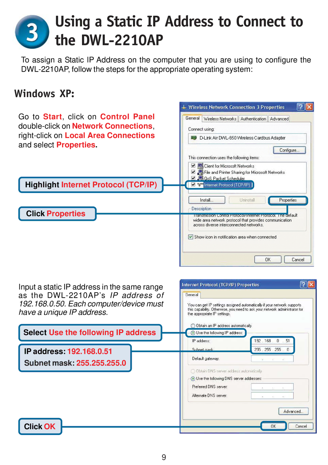 D-Link specifications Using a Static IP Address to Connect to the DWL-2210AP, Windows XP 