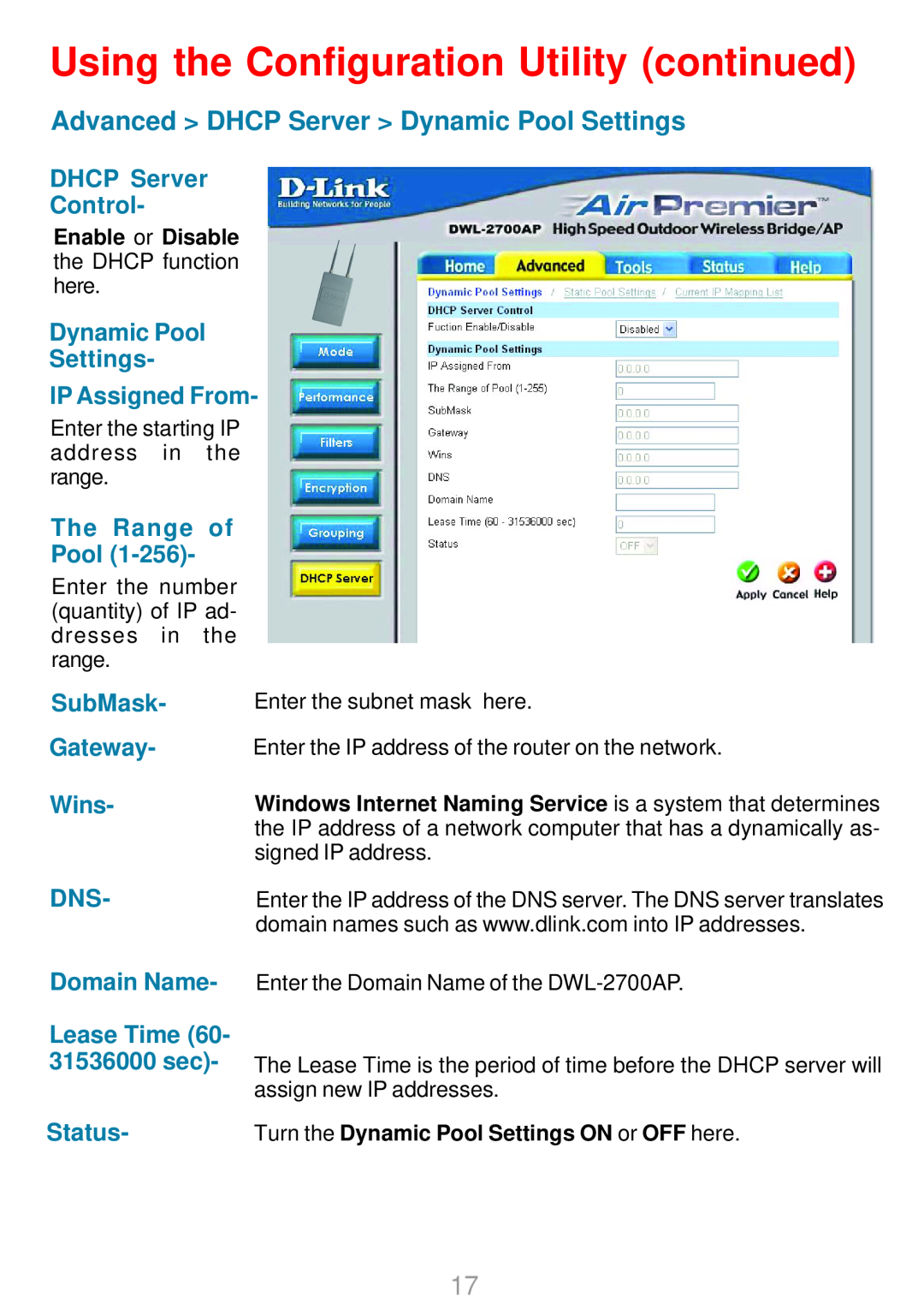 D-Link DWL-2700AP Advanced DHCP Server Dynamic Pool Settings, DHCP Server Control, Dynamic Pool Settings IP Assigned From 