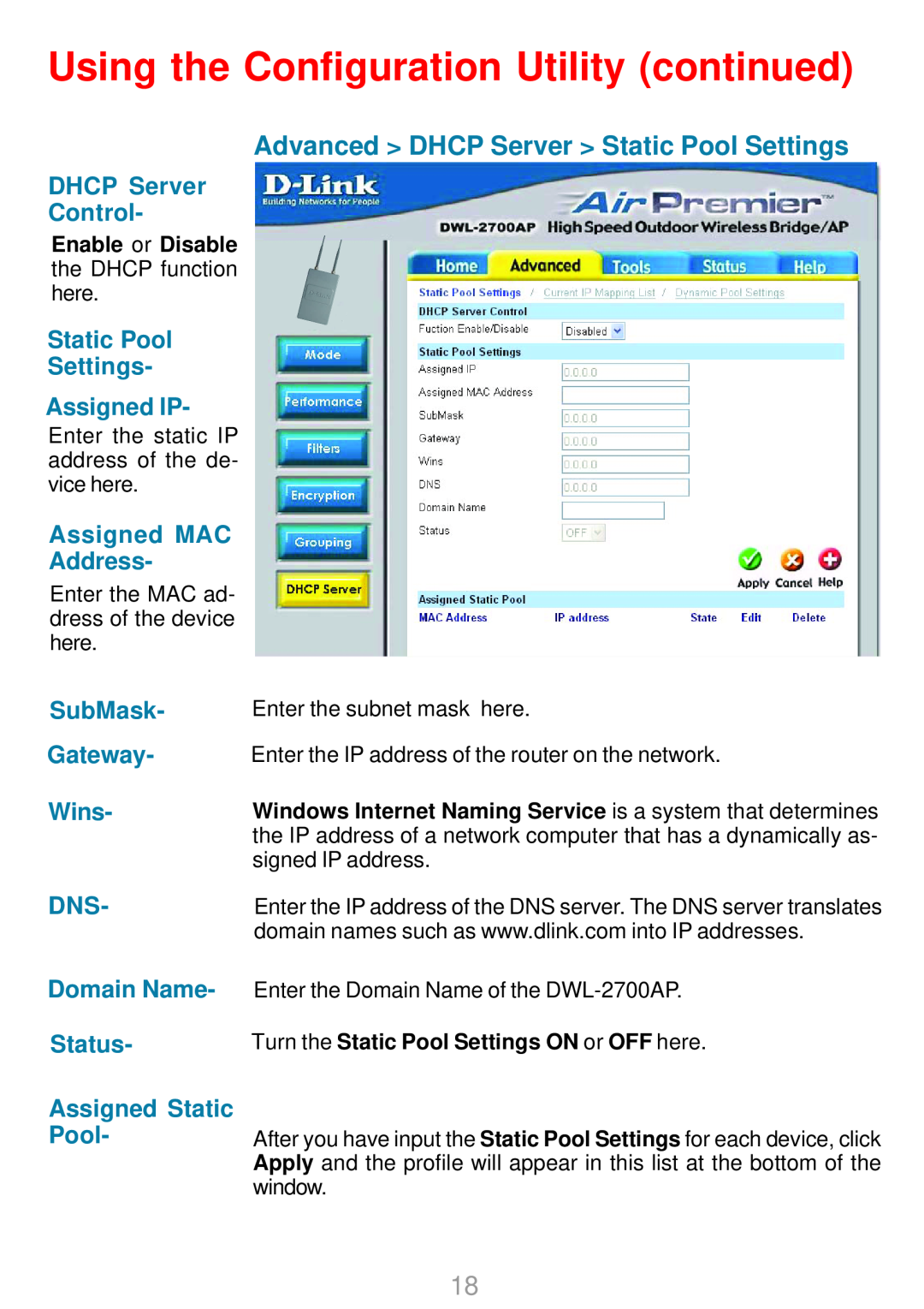 D-Link DWL-2700AP Advanced DHCP Server Static Pool Settings, Static Pool Settings Assigned IP, Assigned MAC Address 