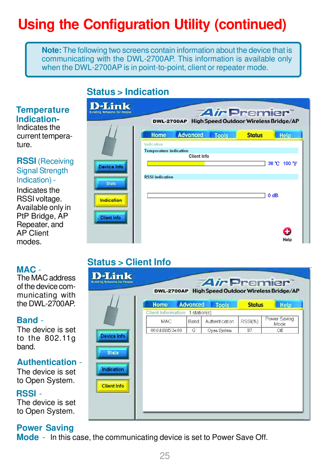 D-Link DWL-2700AP Status Indication, Status Client Info, Temperature Indication, Authentication, Rssi, Power Saving, Band 