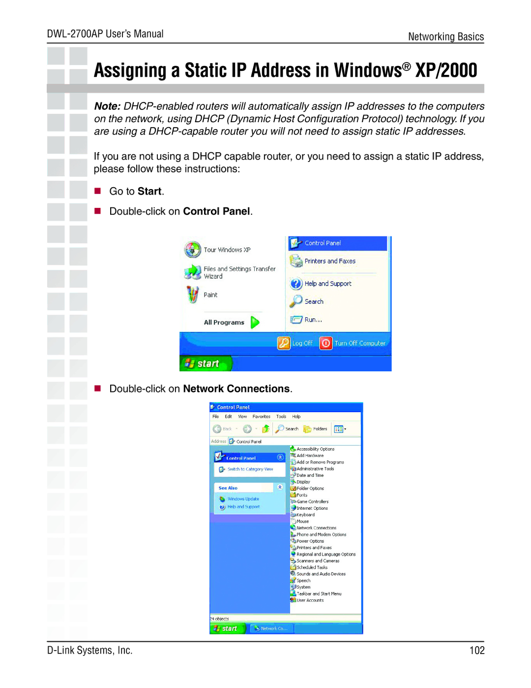 D-Link DWL-2700AP manual Assigning a Static IP Address in Windows XP/2000,  Double-click on Network Connections 