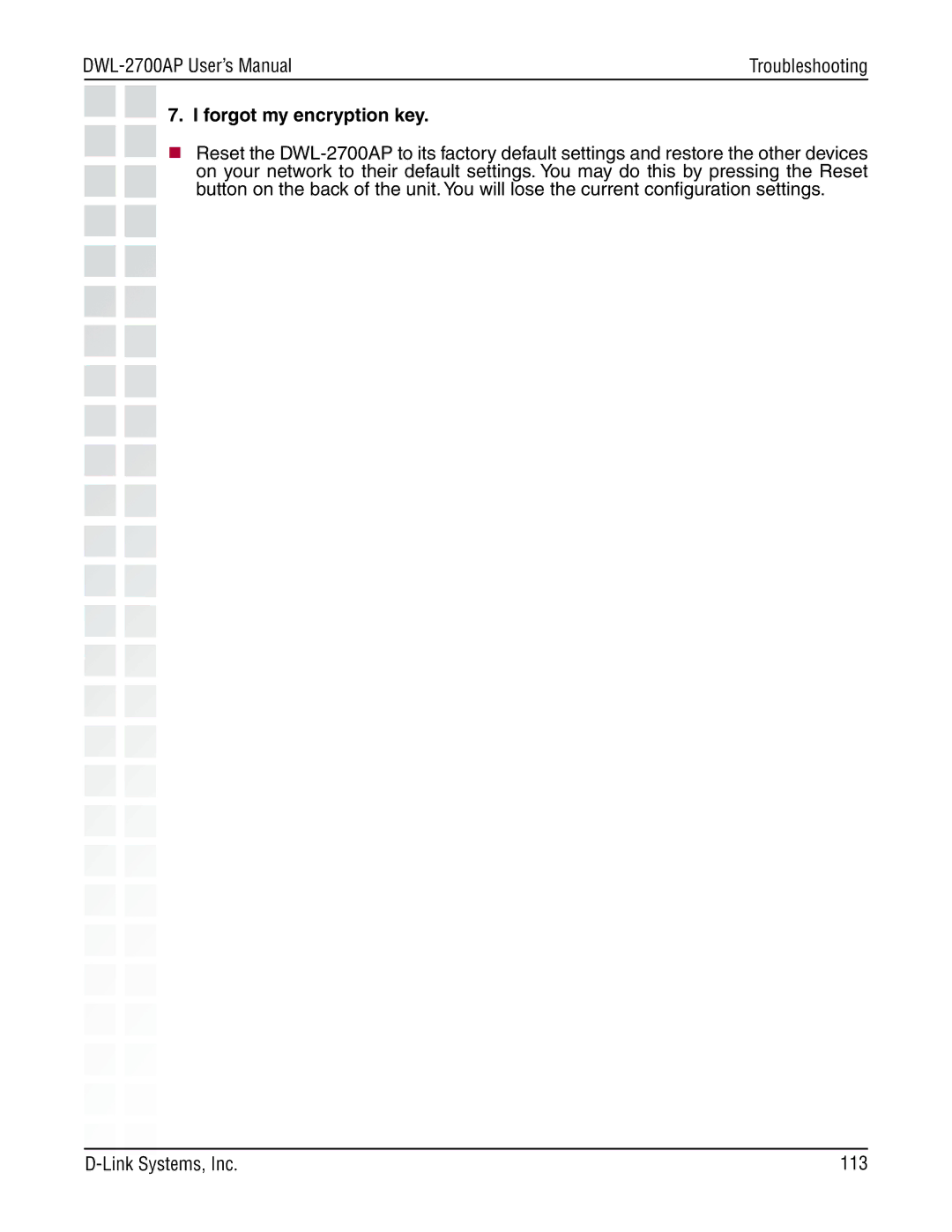 D-Link DWL-2700AP manual Forgot my encryption key 
