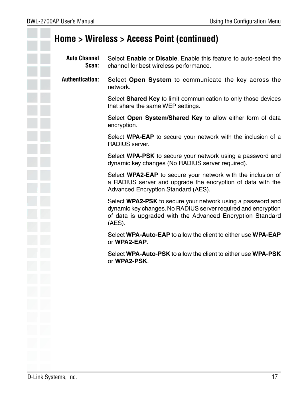 D-Link DWL-2700AP manual Authentication 