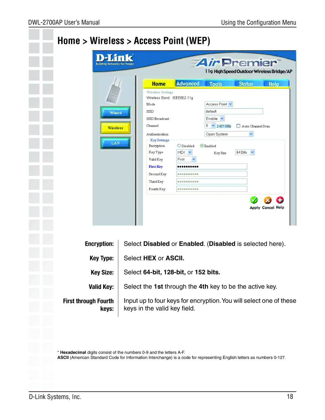 D-Link DWL-2700AP manual Home Wireless Access Point WEP, Select 64-bit, 128-bit, or 152 bits 