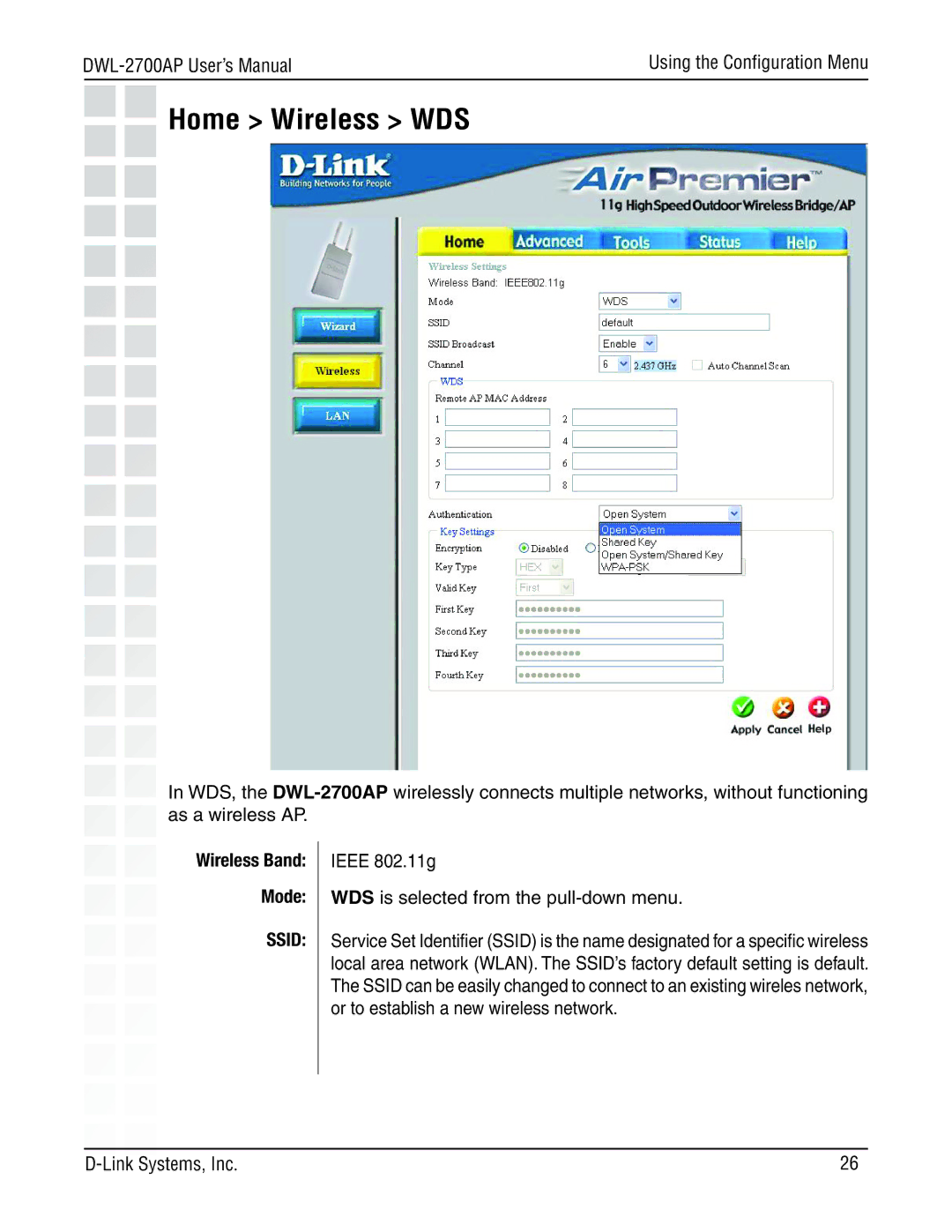 D-Link DWL-2700AP manual Home Wireless WDS, Ssid 