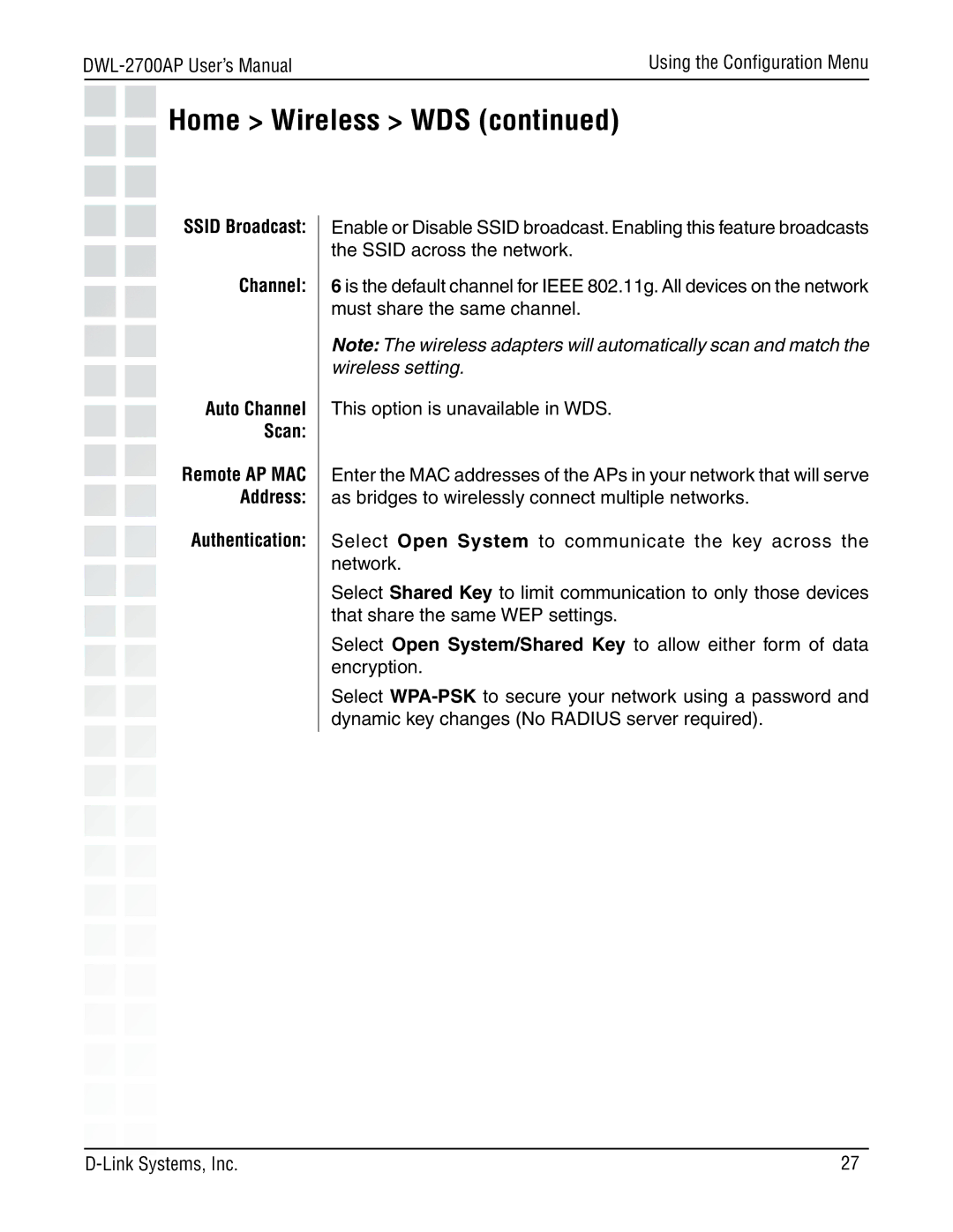 D-Link DWL-2700AP manual Ssid Broadcast Channel 