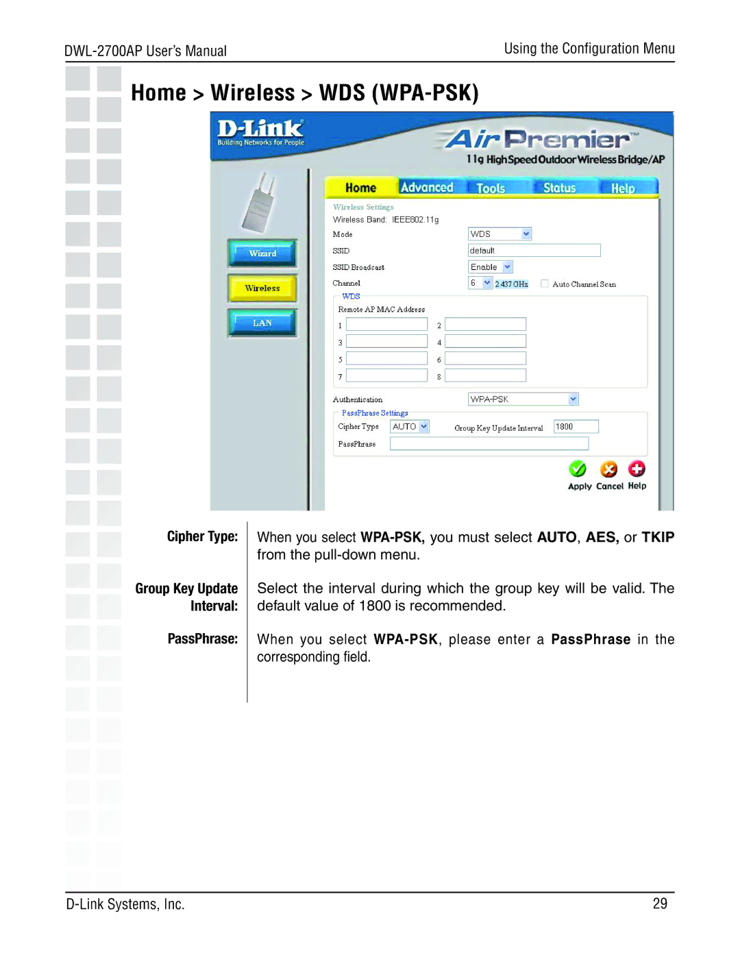 D-Link DWL-2700AP manual Home Wireless WDS WPA-PSK 