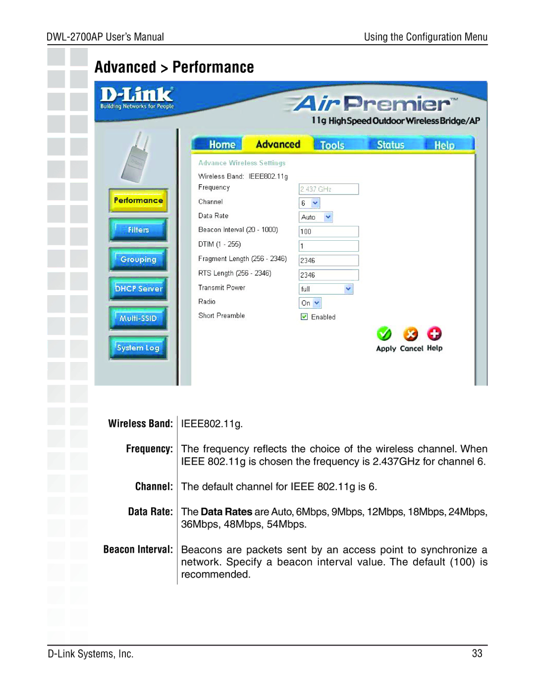 D-Link DWL-2700AP manual Advanced Performance, Channel Data Rate 