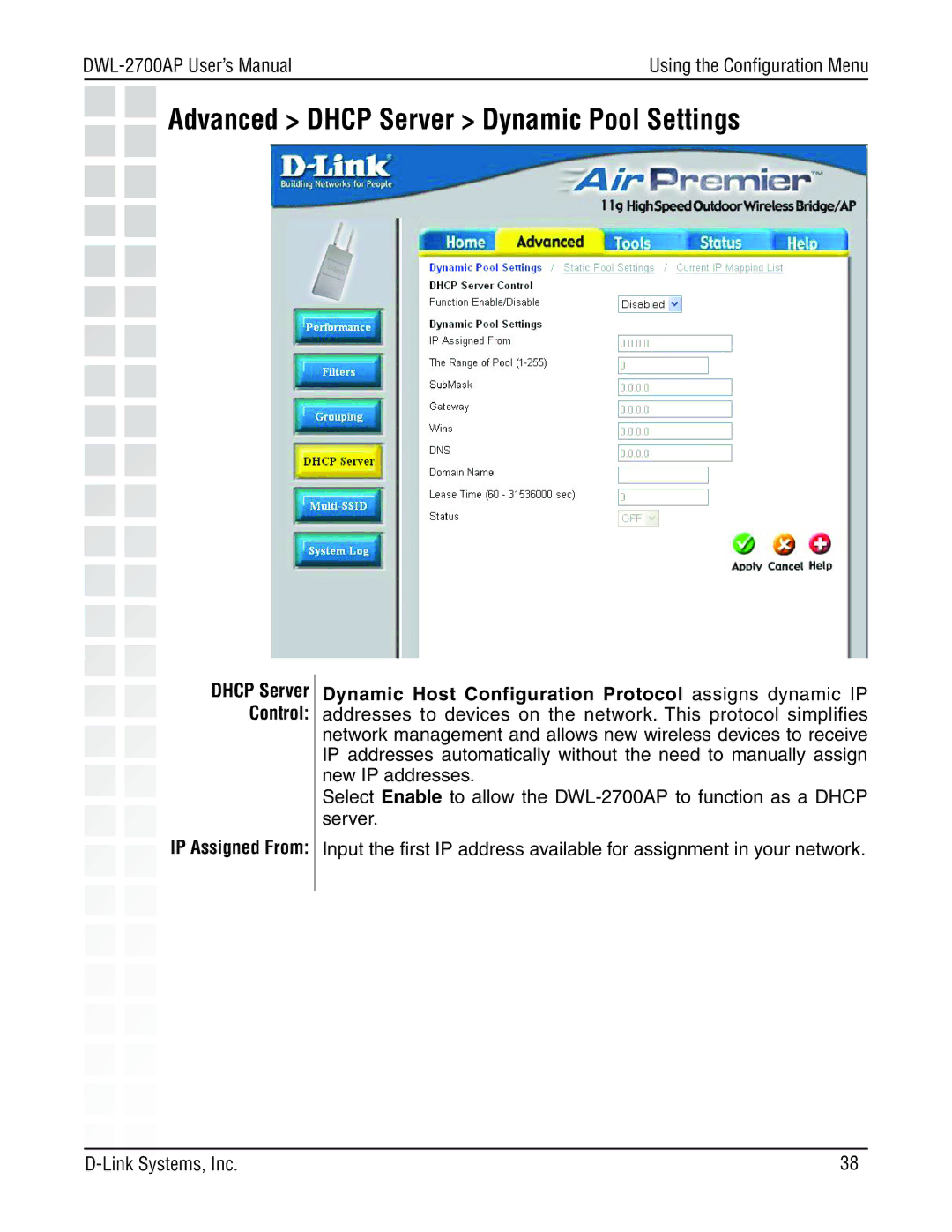 D-Link DWL-2700AP manual Advanced Dhcp Server Dynamic Pool Settings, Dhcp Server Control 