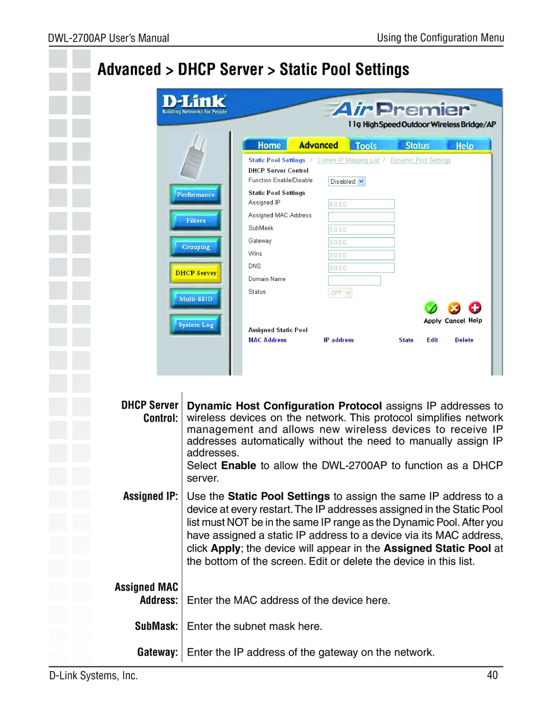 D-Link DWL-2700AP manual Advanced Dhcp Server Static Pool Settings 