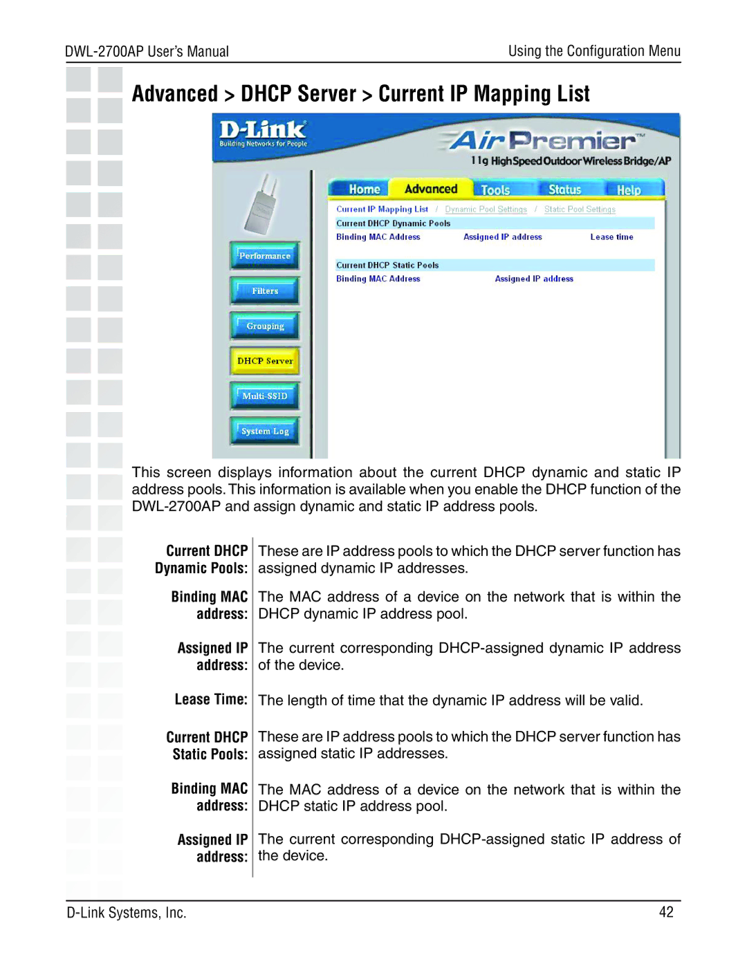 D-Link DWL-2700AP manual Advanced Dhcp Server Current IP Mapping List, Current Dhcp, Binding MAC Address, Lease Time 