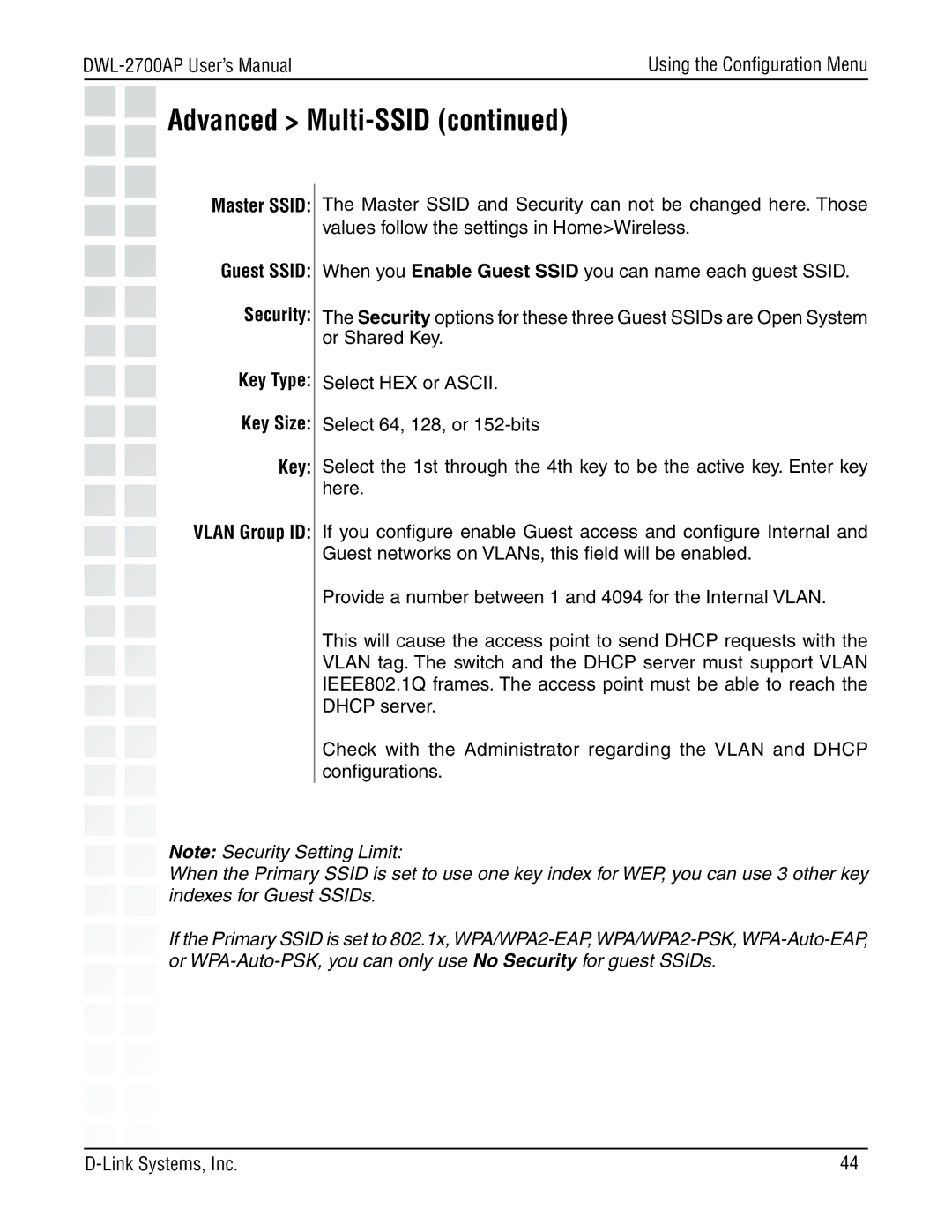 D-Link DWL-2700AP manual Master Ssid, Key Type Key Size 