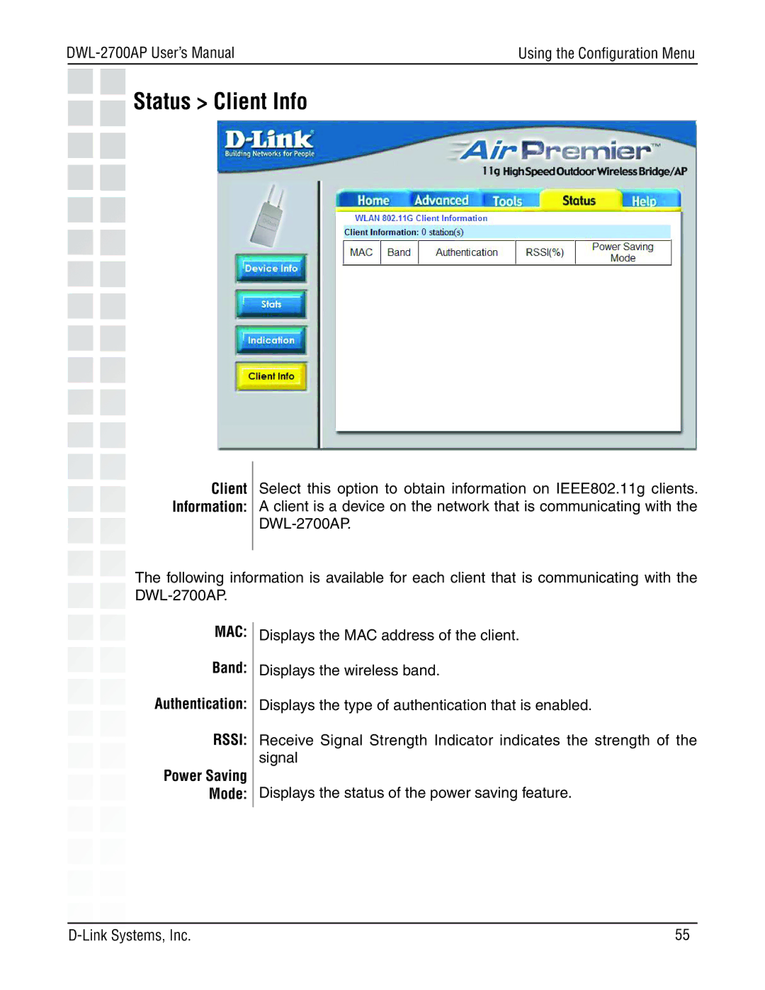 D-Link DWL-2700AP manual Status Client Info, Band 