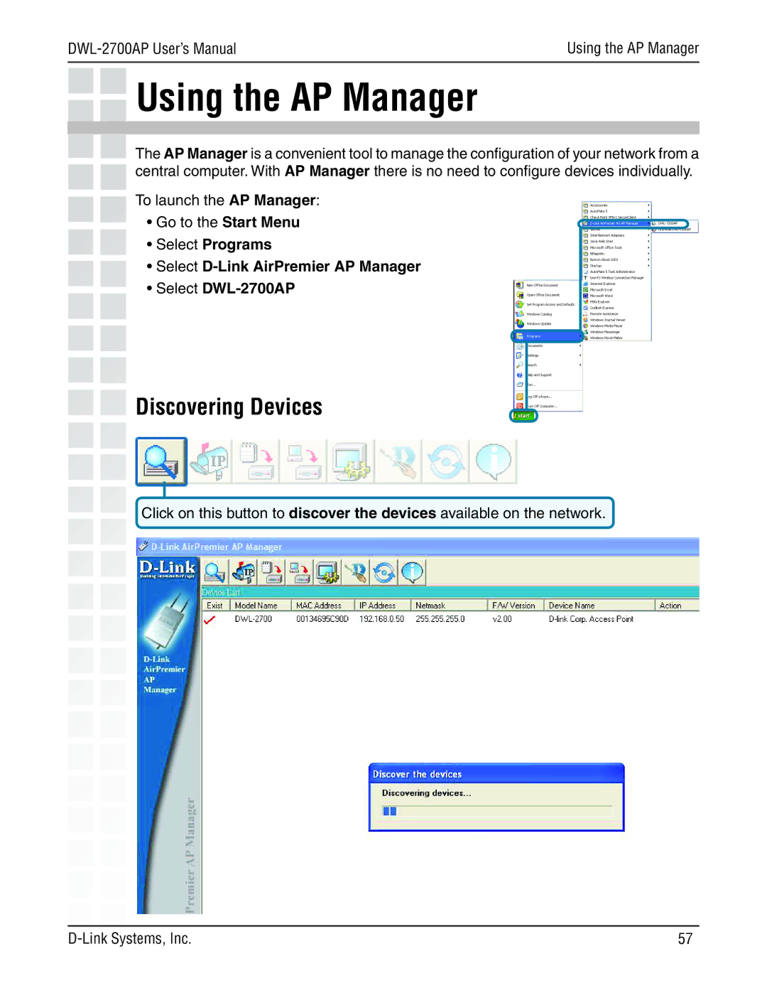 D-Link DWL-2700AP manual Using the AP Manager, Discovering Devices 