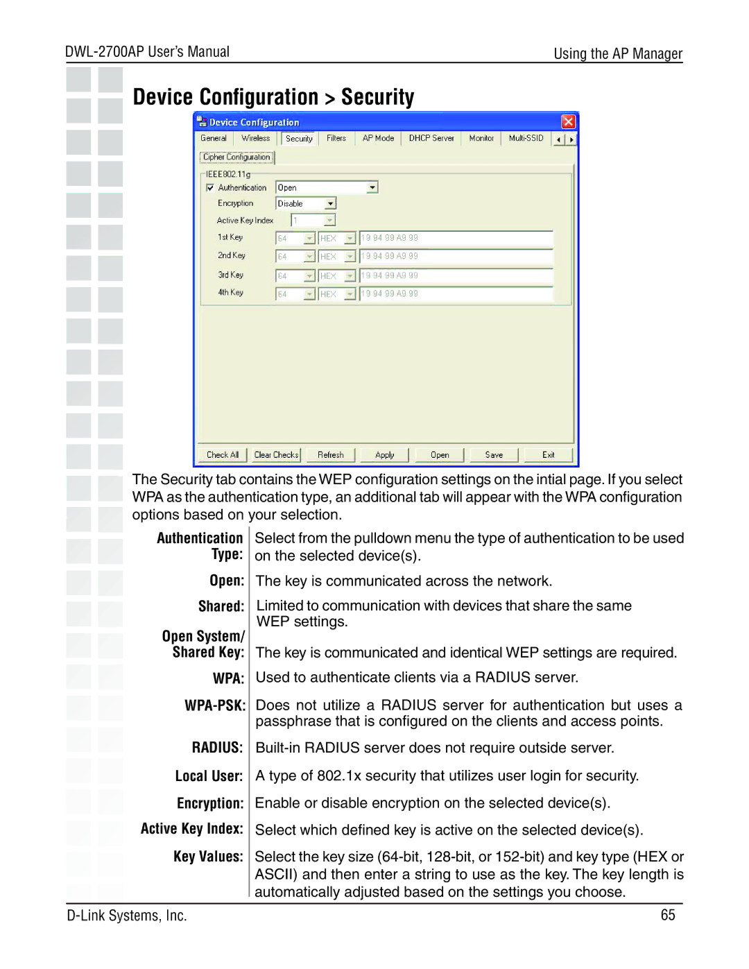 D-Link DWL-2700AP manual Device Conﬁguration Security, Type Open Shared 