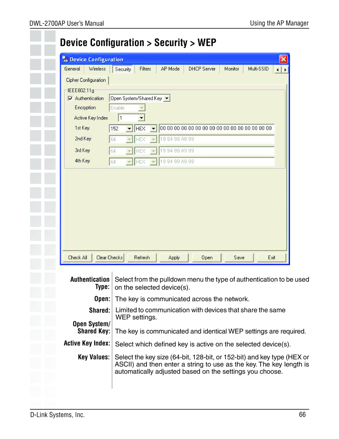 D-Link DWL-2700AP manual Device Conﬁguration Security WEP 