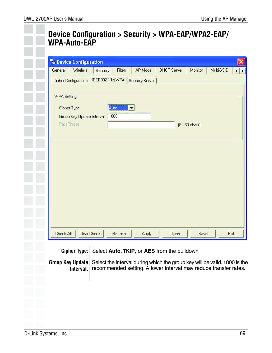 D-Link DWL-2700AP manual Device Conﬁguration Security WPA-EAP/WPA2-EAP/ WPA-Auto-EAP, Cipher Type 