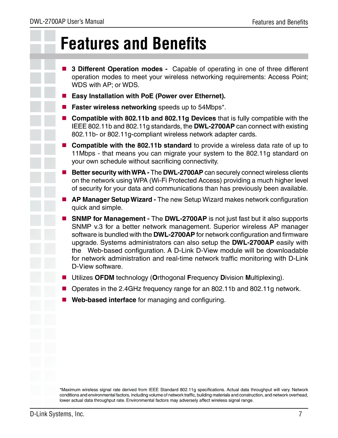 D-Link DWL-2700AP manual Features and Beneﬁts 