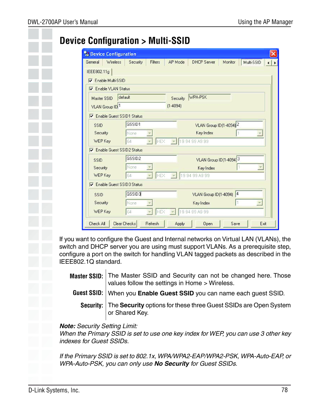 D-Link DWL-2700AP manual Device Conﬁguration Multi-SSID 