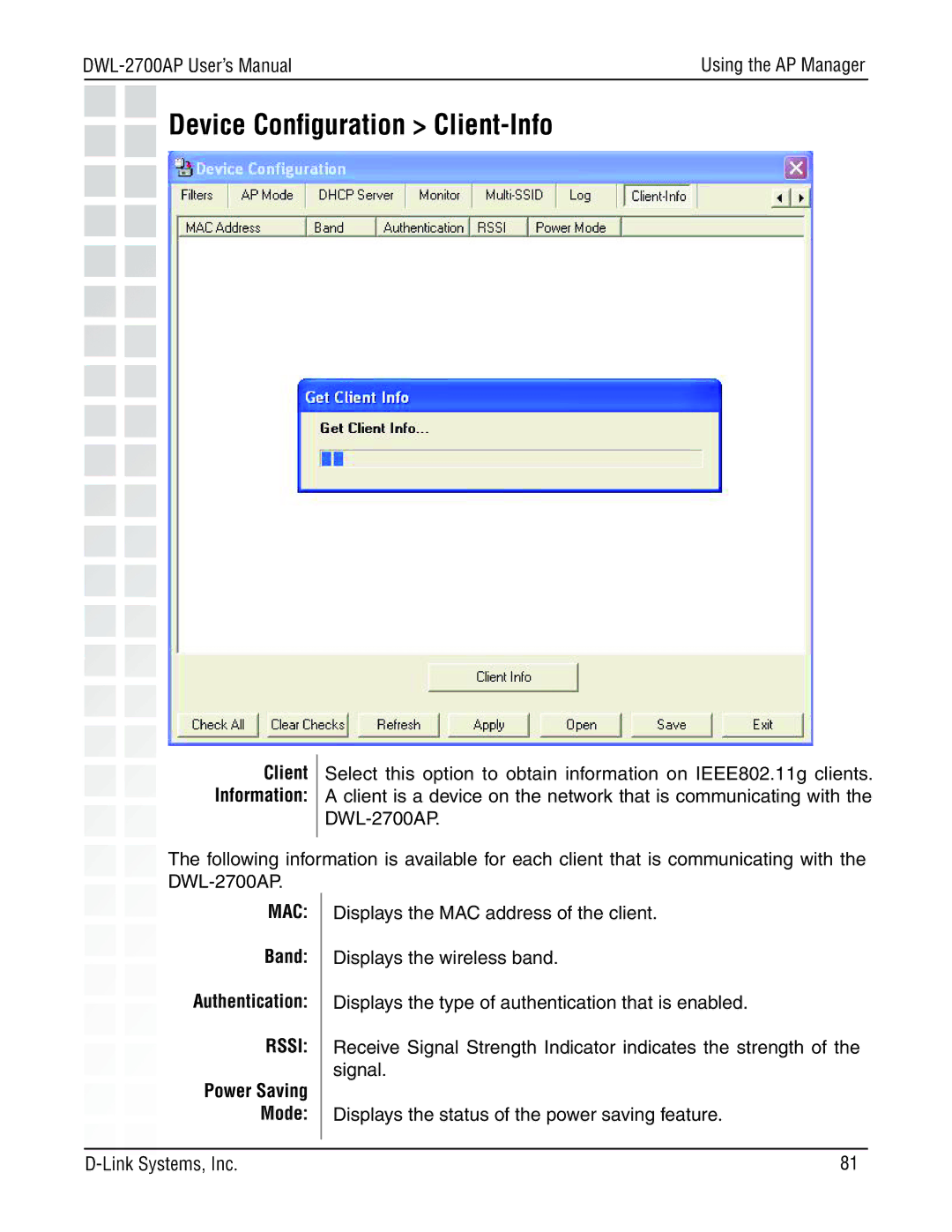 D-Link DWL-2700AP manual Device Conﬁguration Client-Info, Band Authentication 