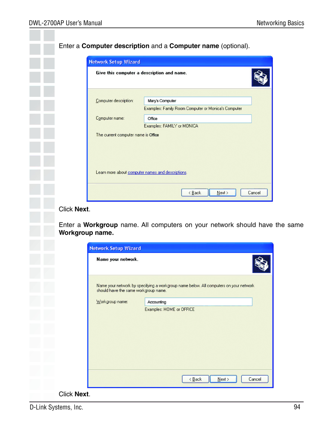 D-Link DWL-2700AP manual Enter a Computer description and a Computer name optional, Workgroup name 