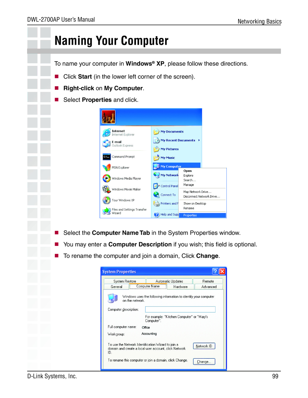 D-Link DWL-2700AP manual Naming Your Computer,  Right-click on My Computer 