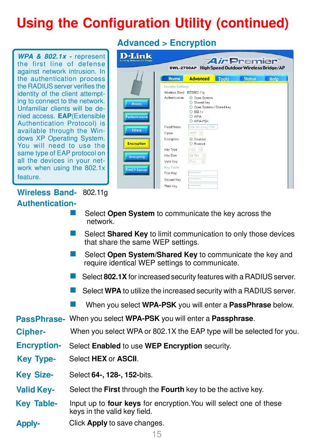 D-Link DWL-2700AP warranty Advanced Encryption, Select 64-, 128-, 152-bits 
