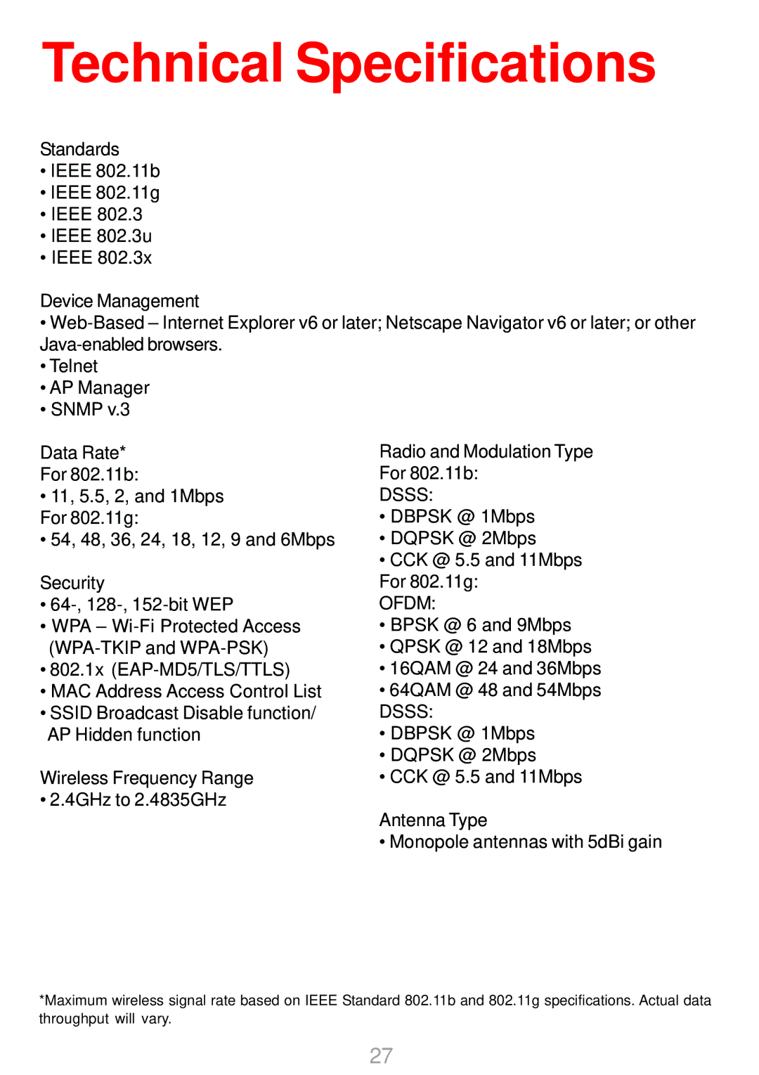 D-Link DWL-2700AP warranty Technical Specifications, Ofdm 