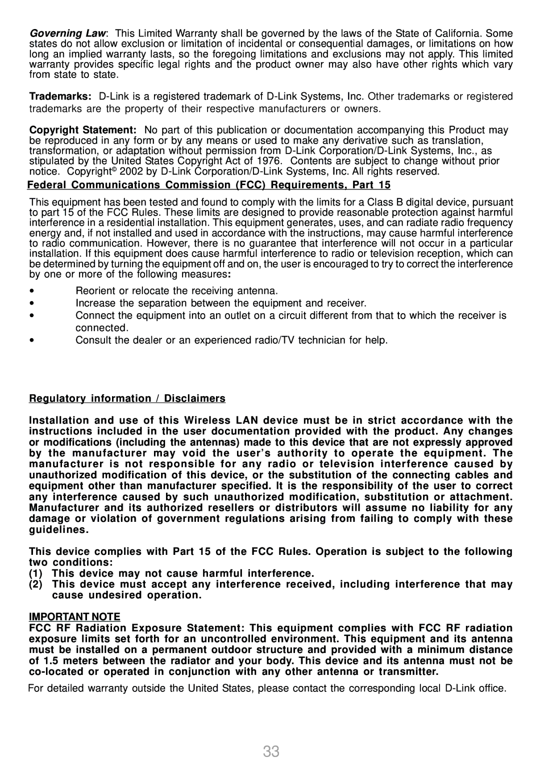 D-Link DWL-2700AP warranty Important Note 