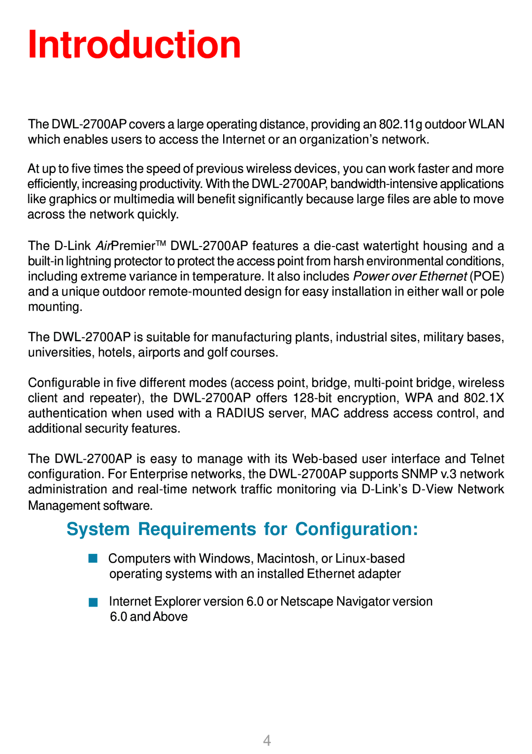 D-Link DWL-2700AP warranty Introduction, System Requirements for Configuration 