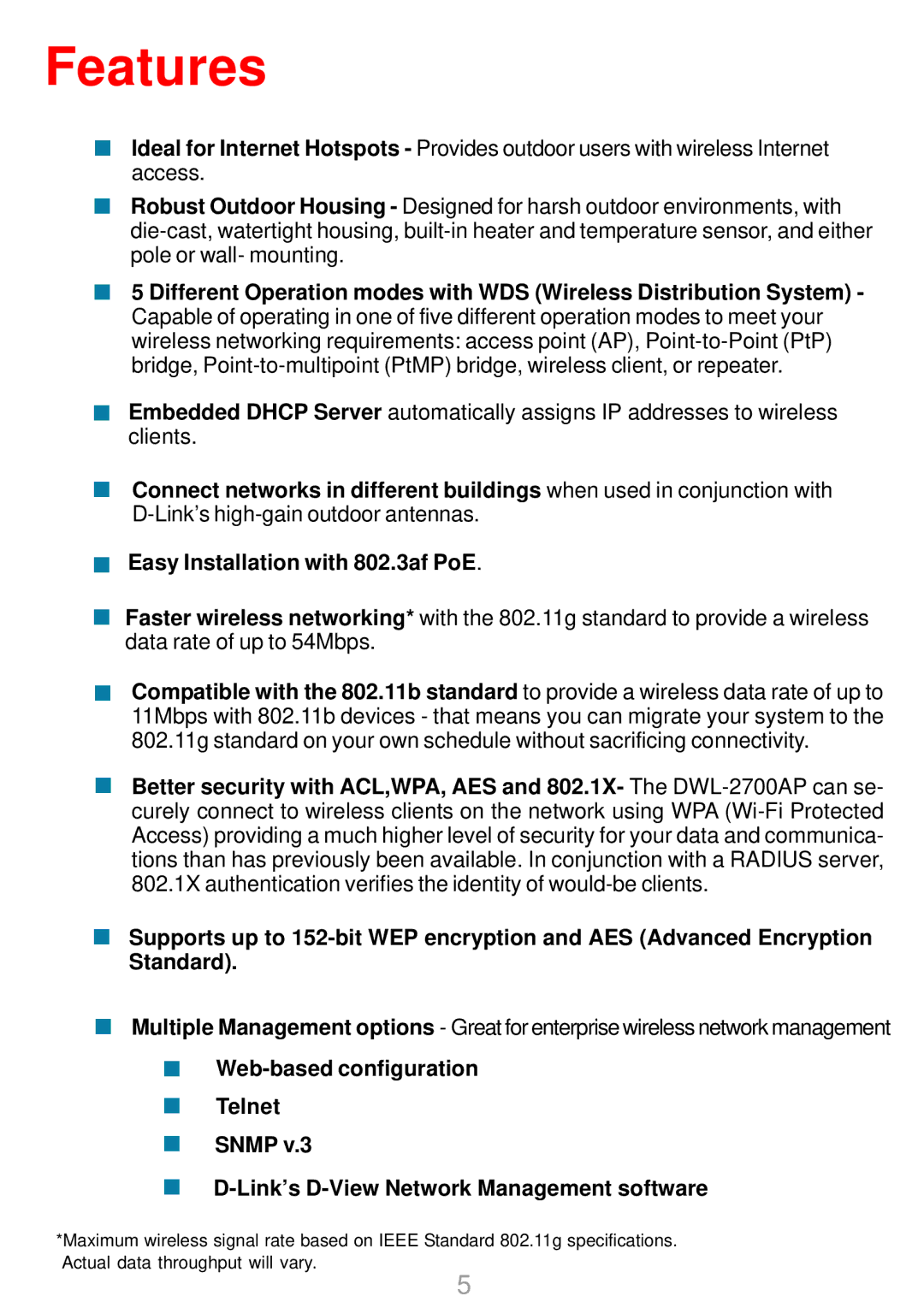 D-Link DWL-2700AP warranty Features 