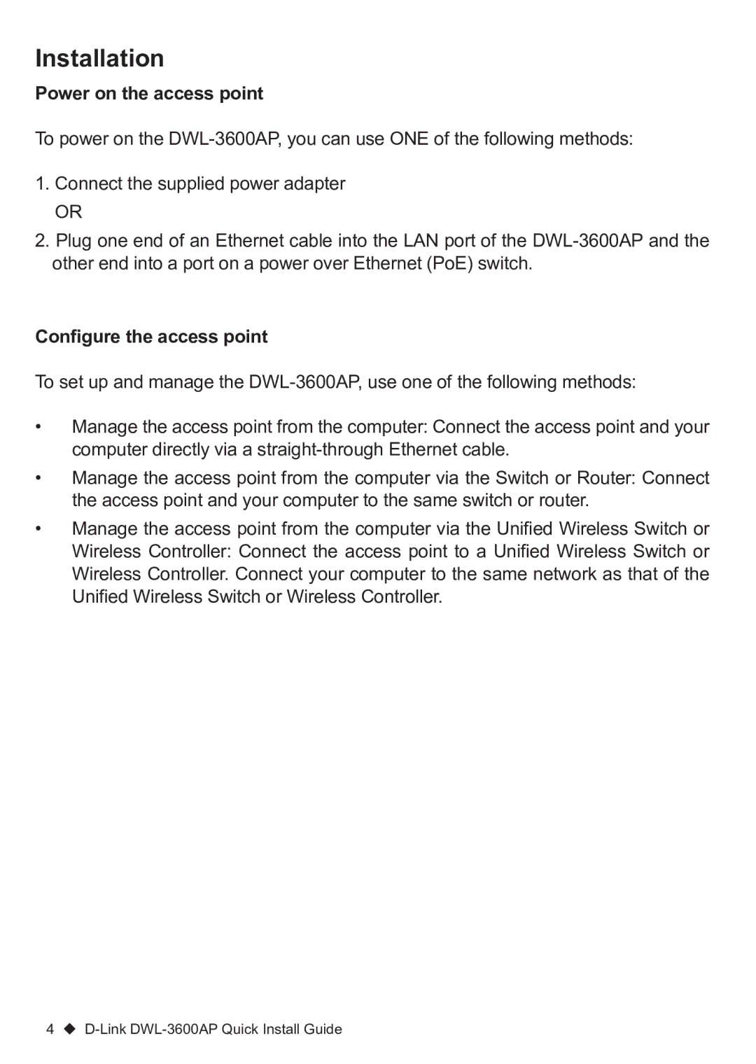 D-Link DWL-3600AP manual Installation, Power on the access point, Configure the access point 