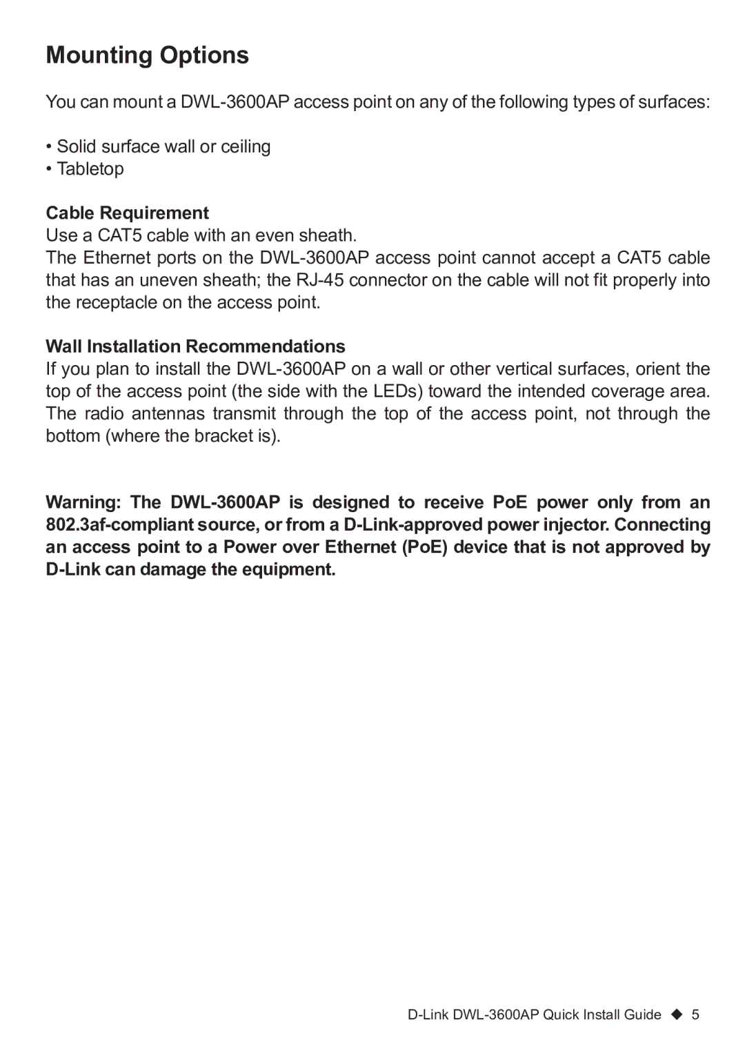 D-Link DWL-3600AP manual Mounting Options, Cable Requirement, Wall Installation Recommendations 