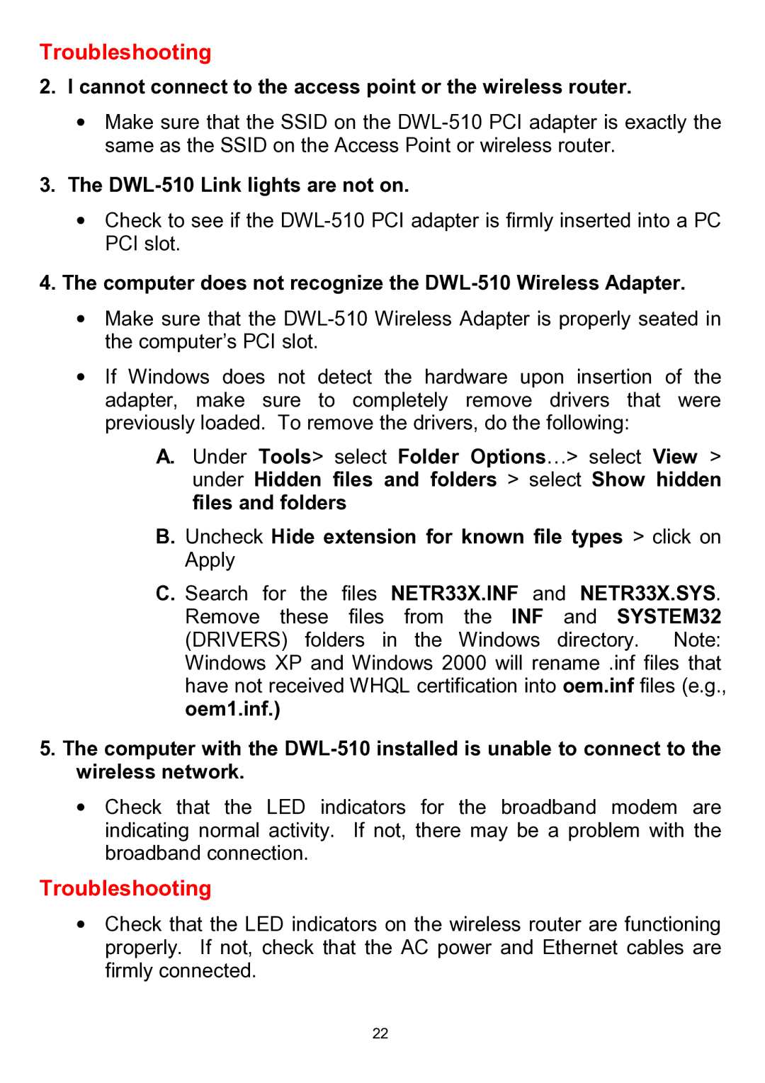 D-Link manual Cannot connect to the access point or the wireless router, DWL-510 Link lights are not on 