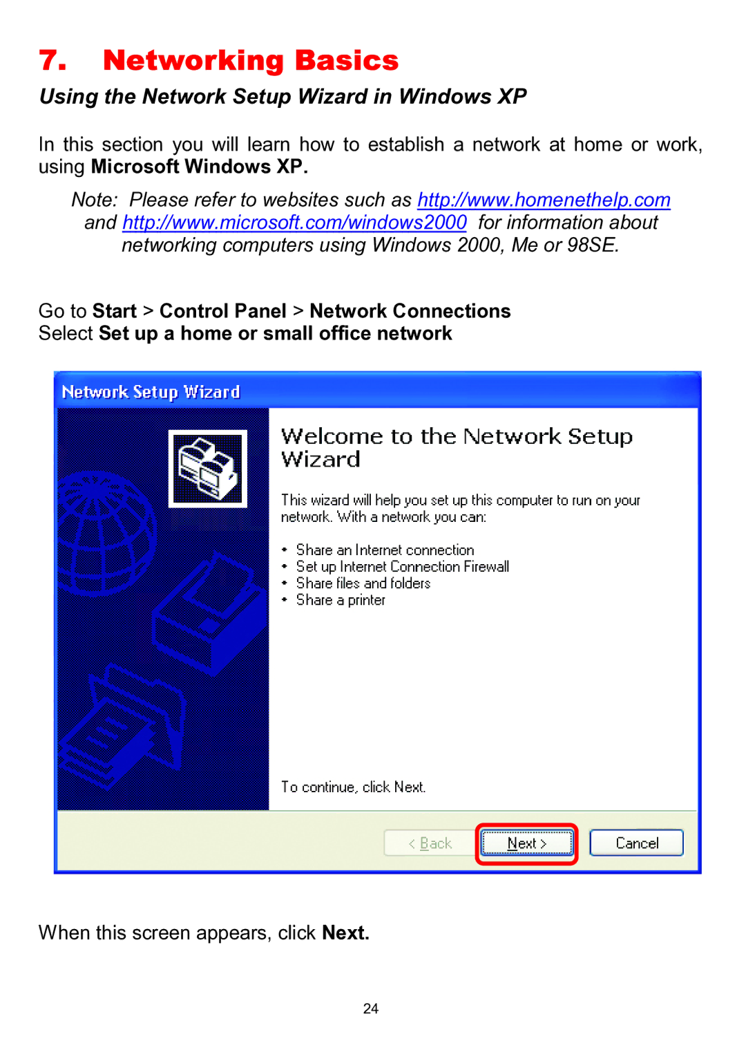 D-Link DWL-510 manual Networking Basics, Using the Network Setup Wizard in Windows XP 